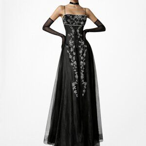 Vintage Y2K Black White Floral Mesh Babydoll Beaded Maxi Prom Dress Size M